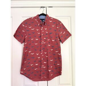 NWT Tommy Hilfiger Short Sleeve Button Down - Rust with Cream/Navy Bird Design